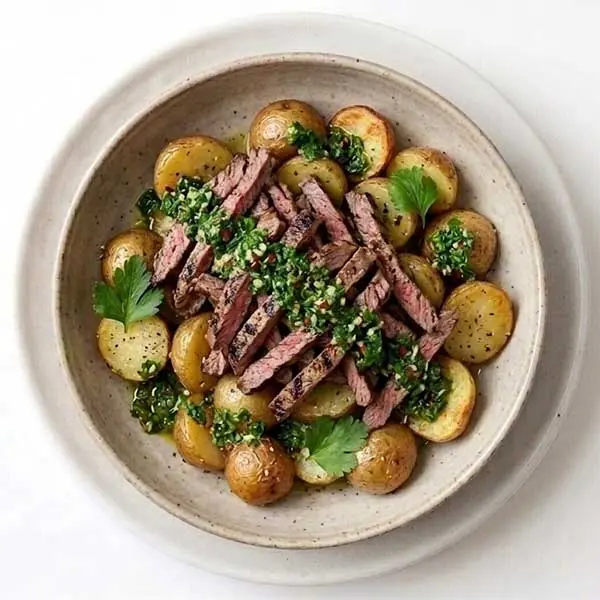 Grilled Beef strips with Chimichurri & Roasted Baby Potatoes
